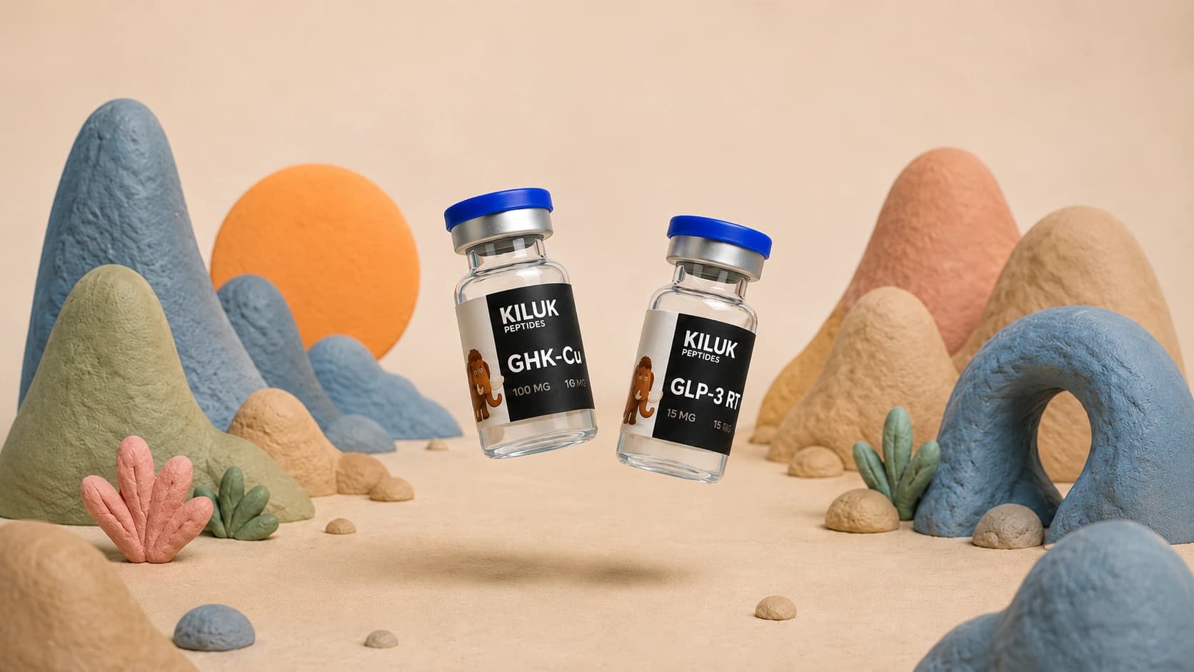 Zwei KILUK-Vials, GHK-Cu und GLP-3 RT, in einer modellierten Tonlandschaft